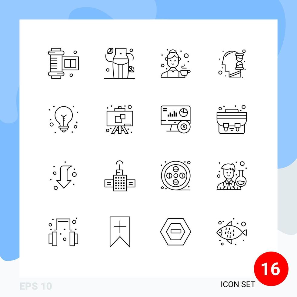 Pack of 16 creative Outlines of light bulb hour glass cook time human Editable Vector Design Elements