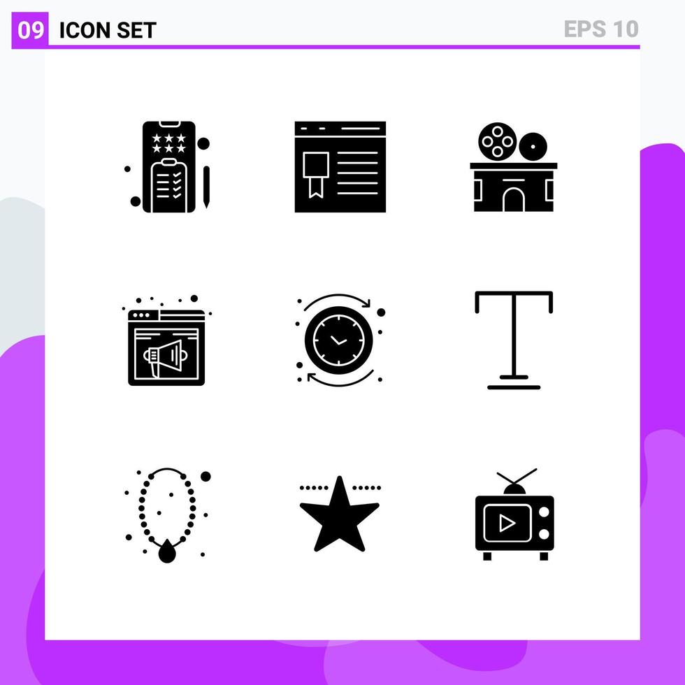 User Interface Pack of 9 Basic Solid Glyphs of backward speaker cinema sound browser Editable Vector Design Elements