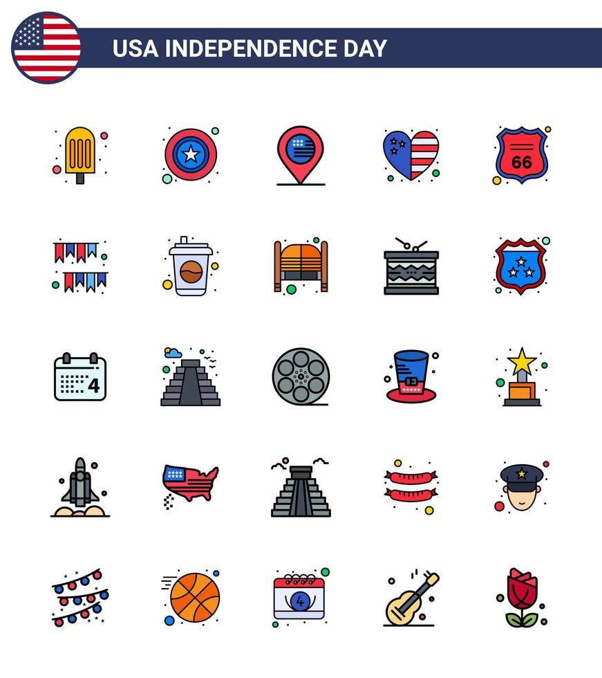 25 USA Flat Filled Line Pack of Independence Day Signs and Symbols of sign security location usa country Editable USA Day Vector Design Elements
