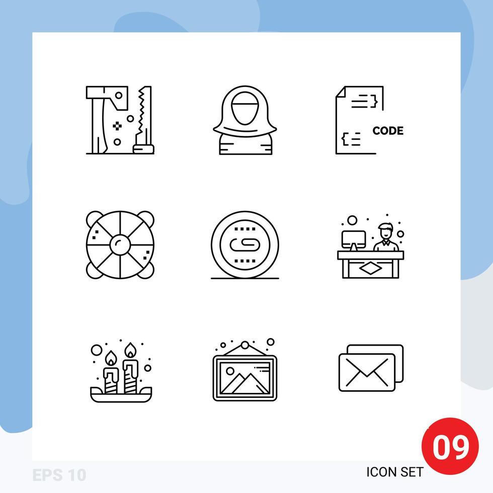 Group of 9 Modern Outlines Set for sea lifebuoy islam beach development Editable Vector Design Elements