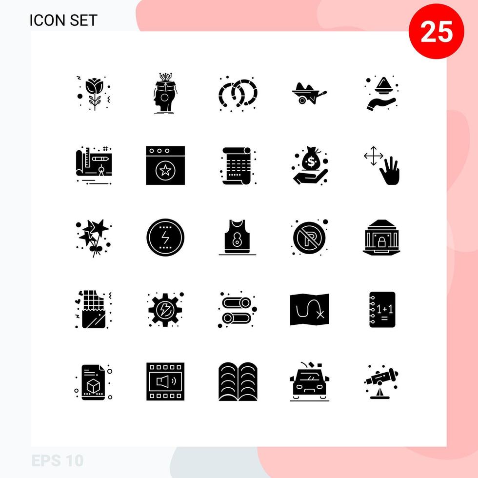 Mobile Interface Solid Glyph Set of 25 Pictograms of hand gardening earrings garden barrow Editable Vector Design Elements