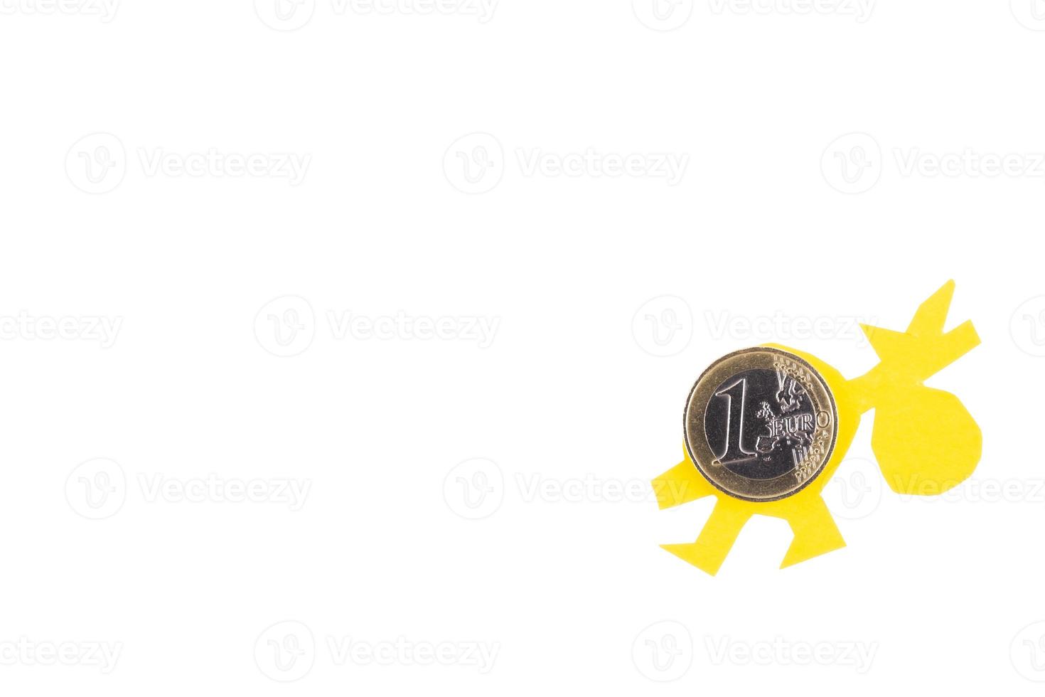 Metal coin, one euro comes with a bag of gifts. White isolated background. copy space. photo