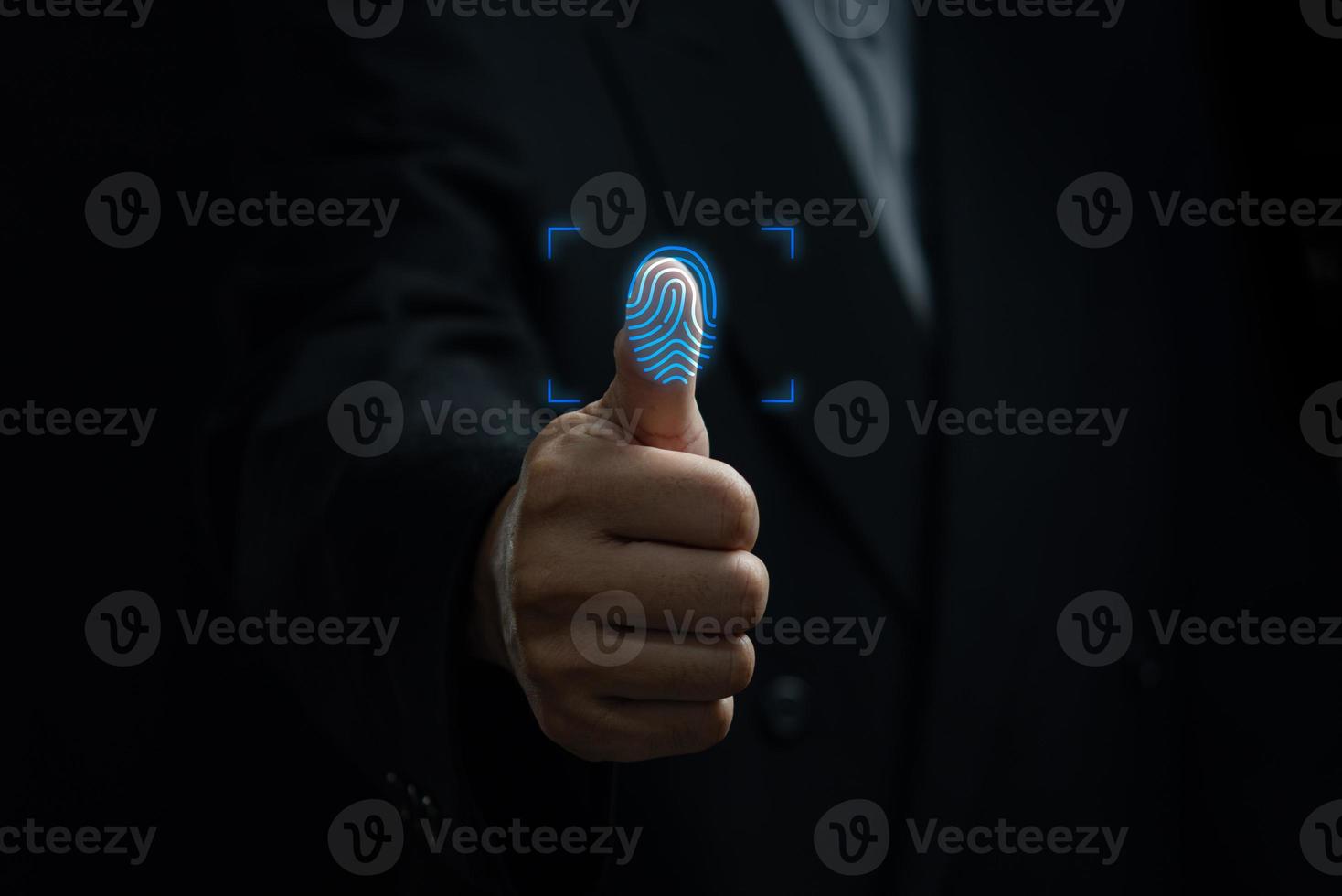 businessman scan fingerprint provides security access with biometrics identification. Business Technology Safety Internet cyber security, personal data protection, network security concept. photo