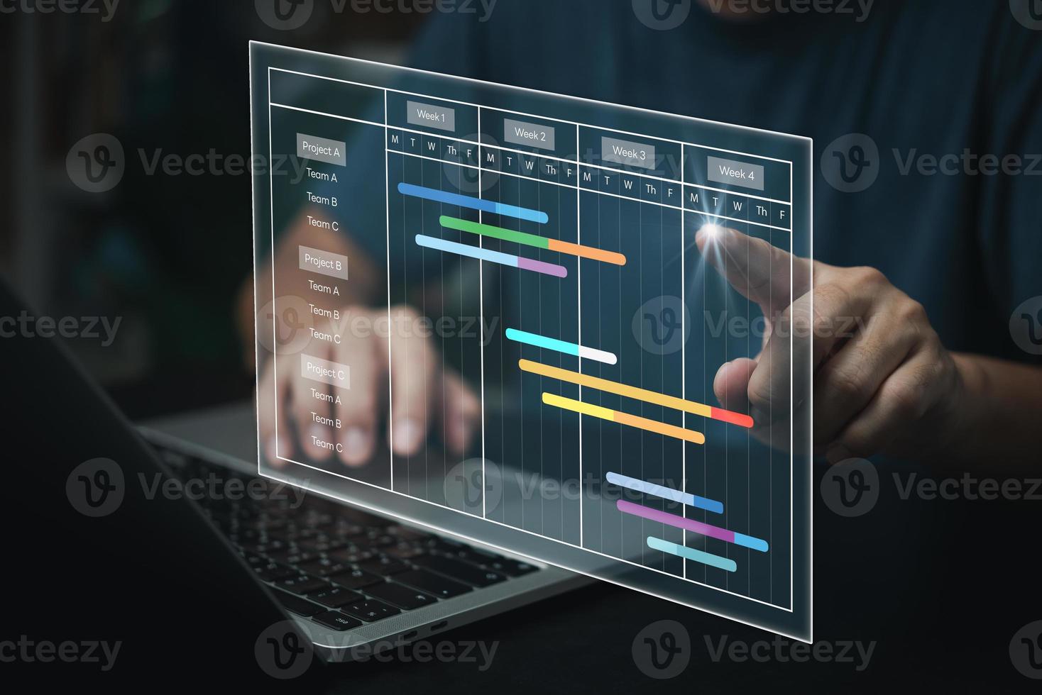 Project manager analyst working with computer in management system to progress planning and make report with KPI chart scheduling diagram.Corporate strategy for finance, sales, marketing. photo