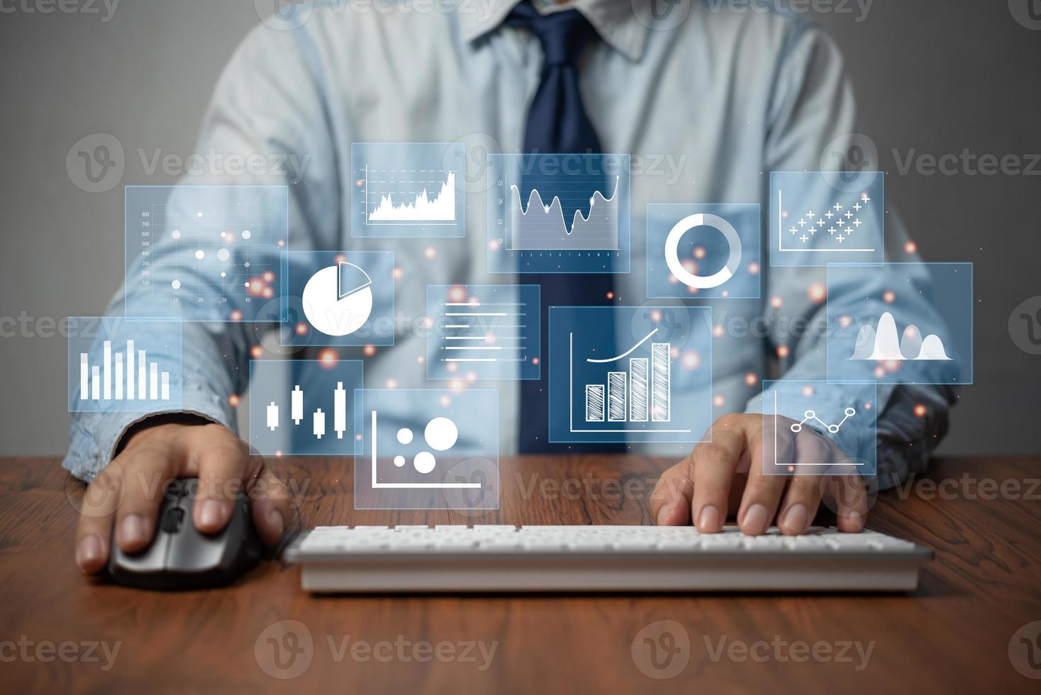 Big data analytics and business intelligence, business analytics concept with chart and graph icons on a digital screen interface with key performance indicators financial market report. photo