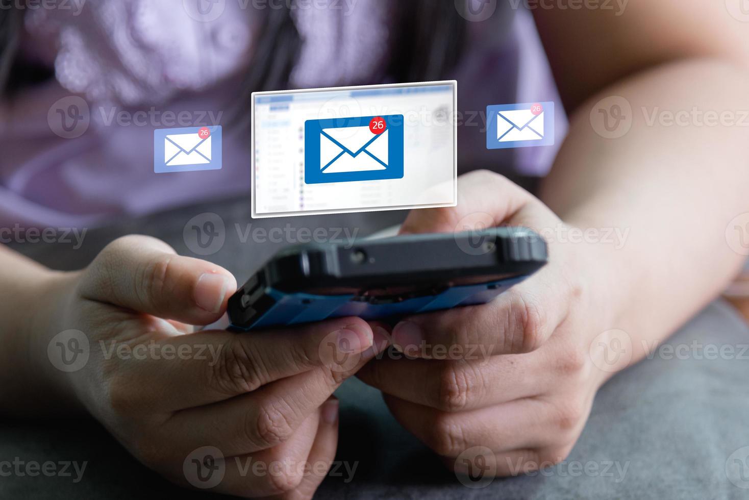 woman send email marketing concept. person reading e-mail on mobile phone receive new message, Message Online, Chat Social Text. internet network communication. photo