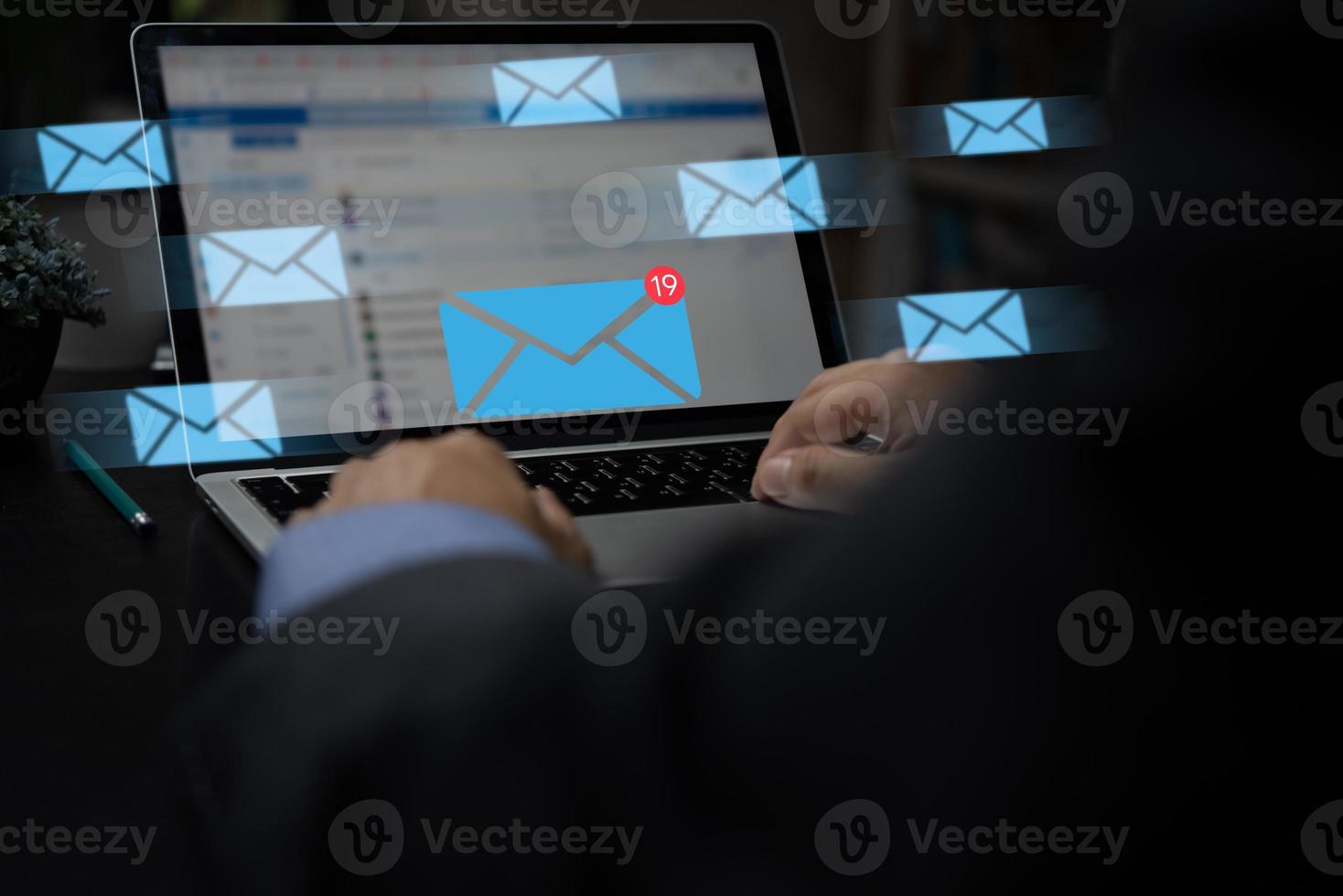 Businessman send email marketing concept. person reading e-mail on laptop computer receive new message, Message Online, Chat Social Text. internet network communication. photo