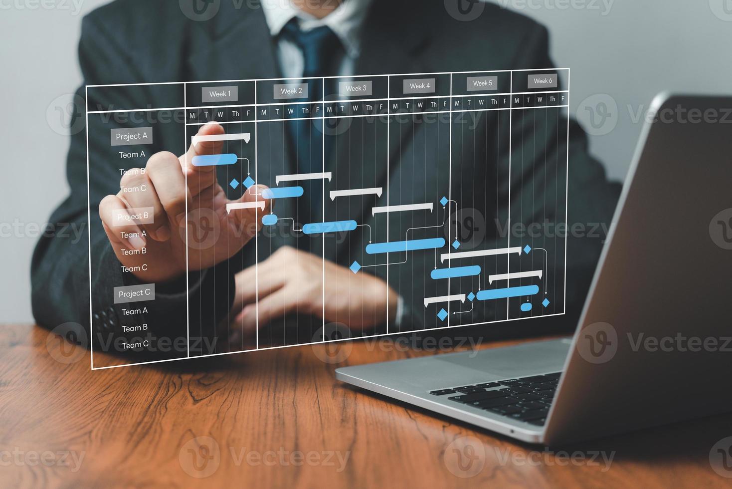 Project manager analyst working with computer in management system to progress planning and make report with KPI chart scheduling diagram.Corporate strategy for finance, sales, marketing. photo