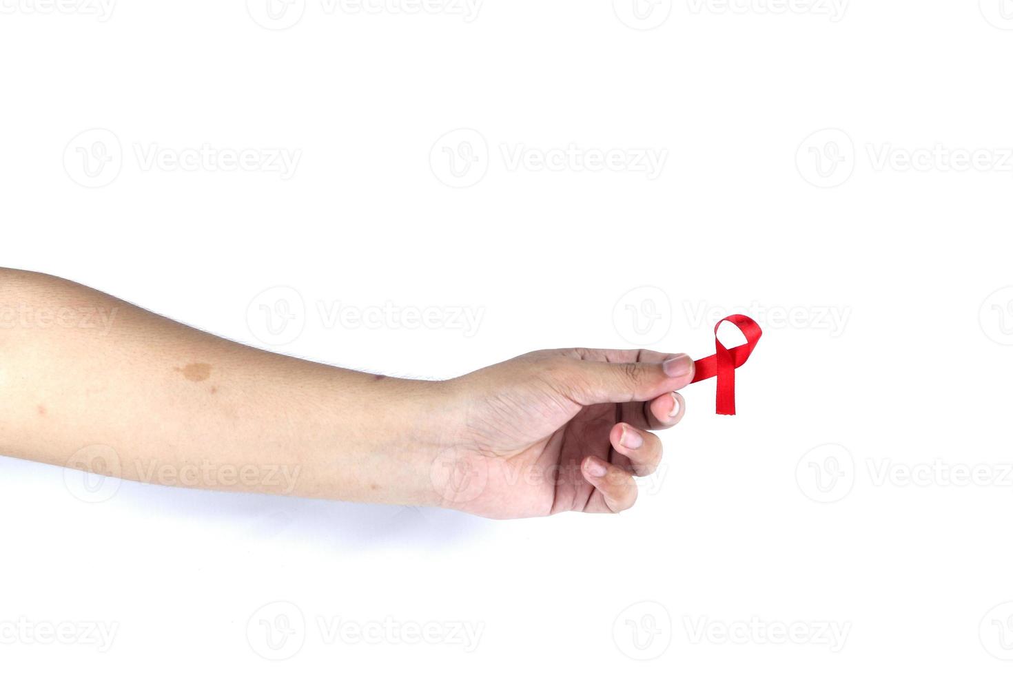 hand symbol with red ribbon signifying concern for people with HIV aids isolated on white background photo