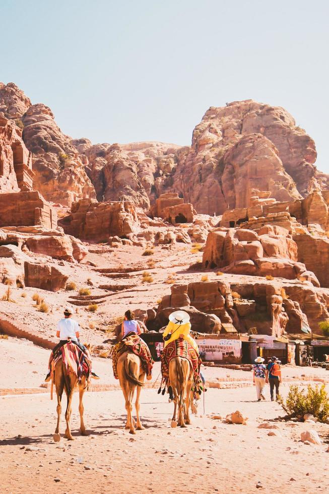 Local Arab tourist guide in Petra city riding on camel with tourists following group by royal Petra tombs in sunny hot day photo