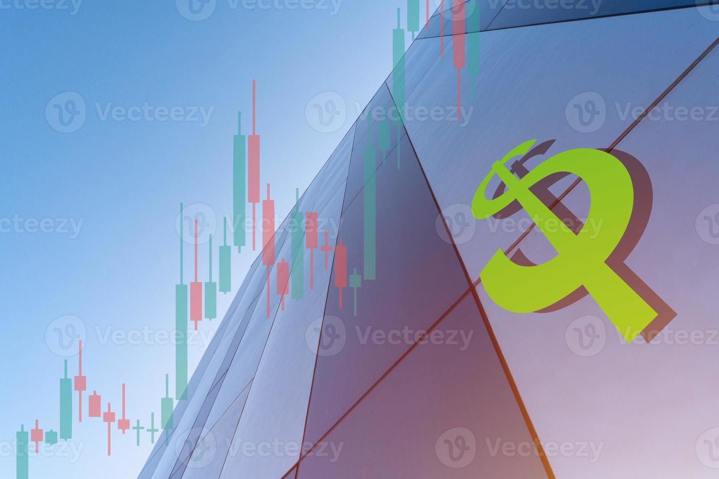 USA Dollar symbol and marketplace charts on business center background. Trading, investment or financial concept. Technical price graph and indicator, red and green candlestick chart. photo