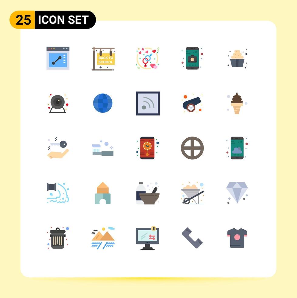 25 User Interface Flat Color Pack of modern Signs and Symbols of sweets food gender dessert camera Editable Vector Design Elements