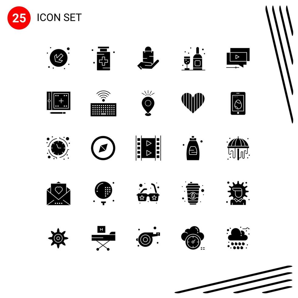 Group of 25 Modern Solid Glyphs Set for youtube glass bag bottle hand Editable Vector Design Elements