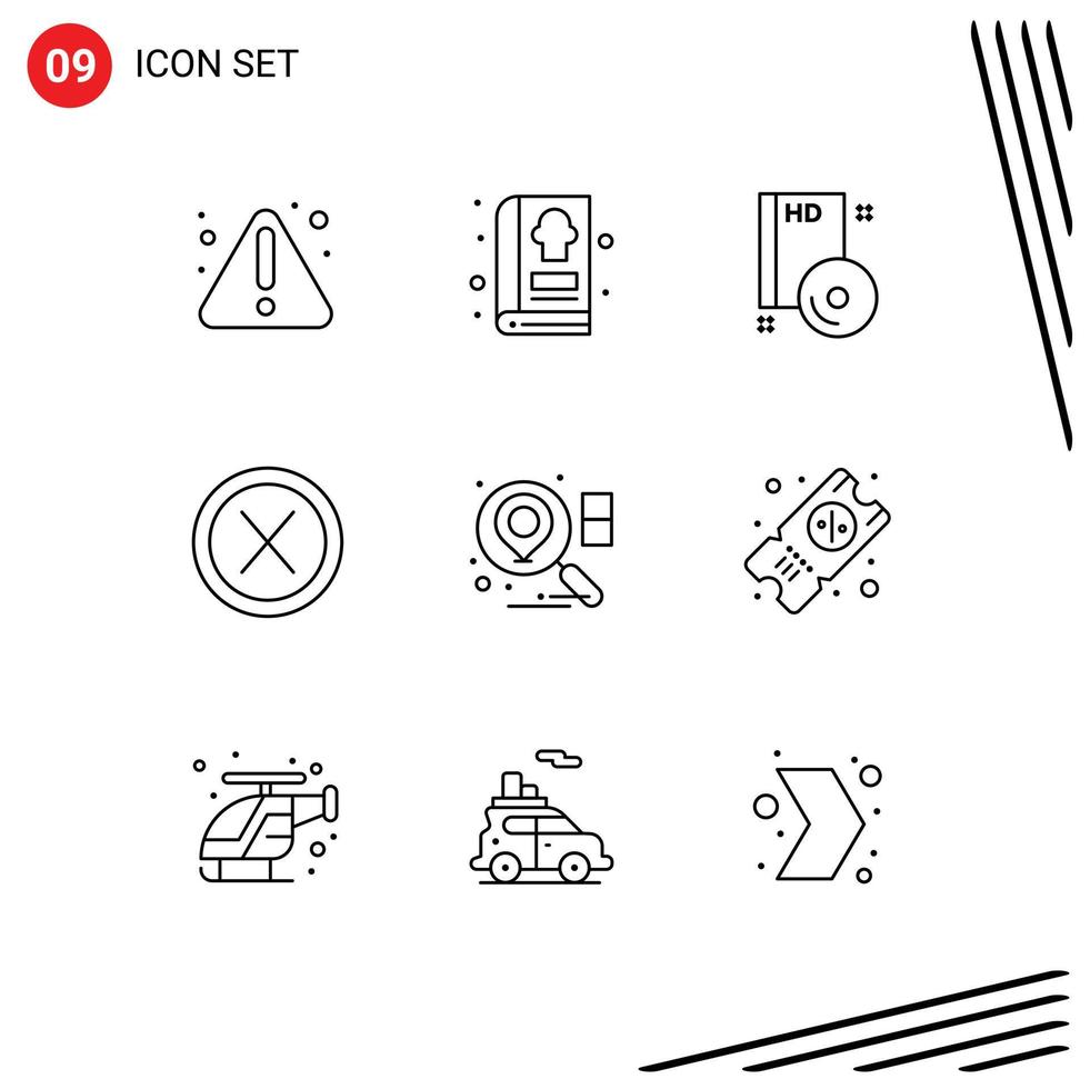 Pack of 9 creative Outlines of location no cd interface close Editable Vector Design Elements