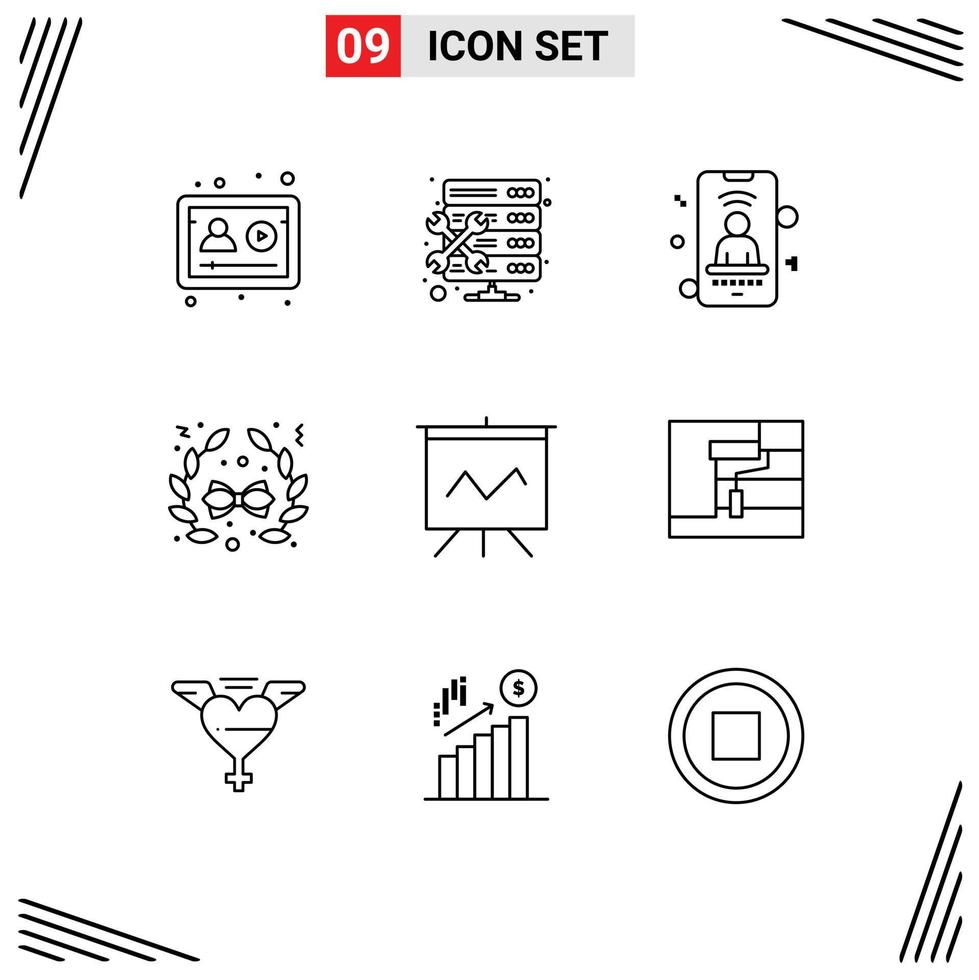 Pack of 9 Modern Outlines Signs and Symbols for Web Print Media such as presentation analytics mobile decoration bow Editable Vector Design Elements