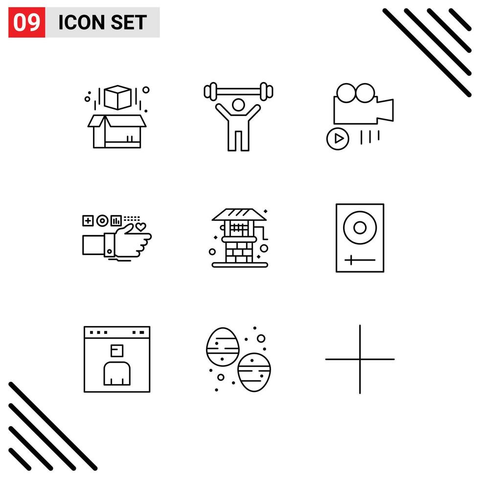 Pack of 9 creative Outlines of farming agriculture media pulse fitness Editable Vector Design Elements