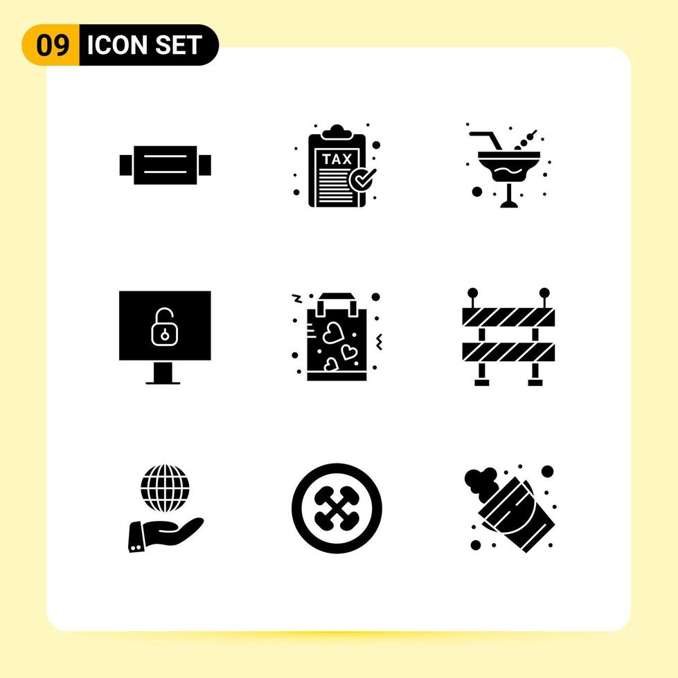 9 signos universales de glifos sólidos símbolos de elementos de diseño de vectores editables de vidrio de bloqueo de ingresos de seguridad favoritos