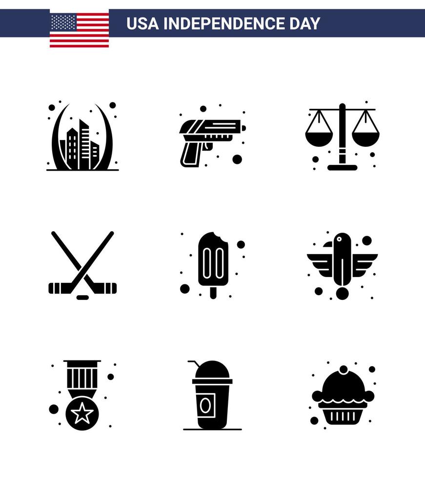 Solid Glyph Pack of 9 USA Independence Day Symbols of ice cream sport weapon ice sport scale Editable USA Day Vector Design Elements