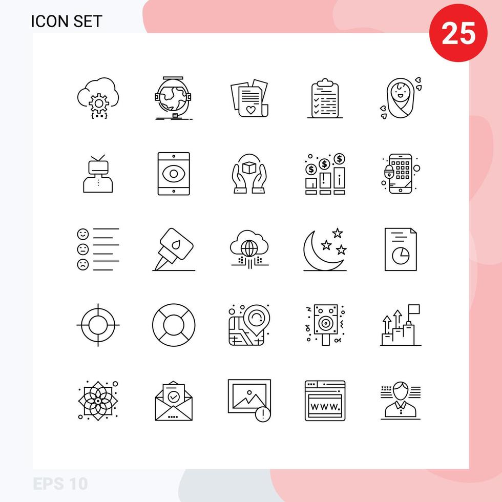 25 Universal Lines Set for Web and Mobile Applications document clipboard e learning checklist heart Editable Vector Design Elements