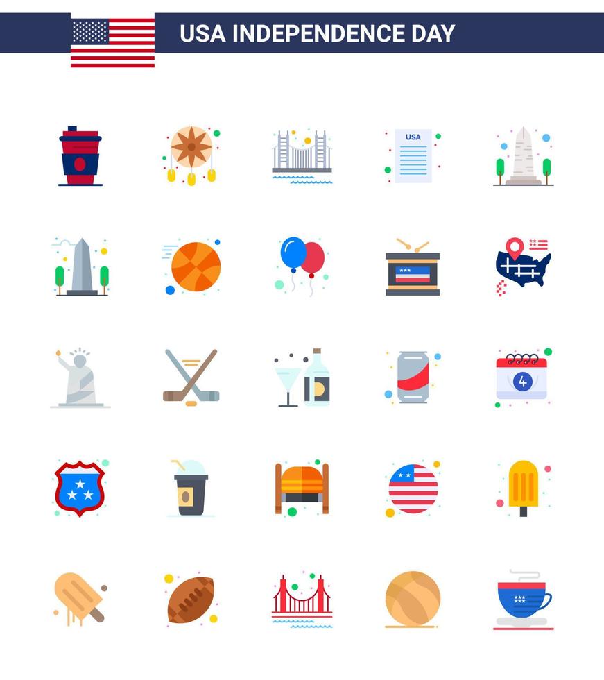 Happy Independence Day 4th July Set of 25 Flats American Pictograph of landmark declaration of independence bridge declaration tourism Editable USA Day Vector Design Elements