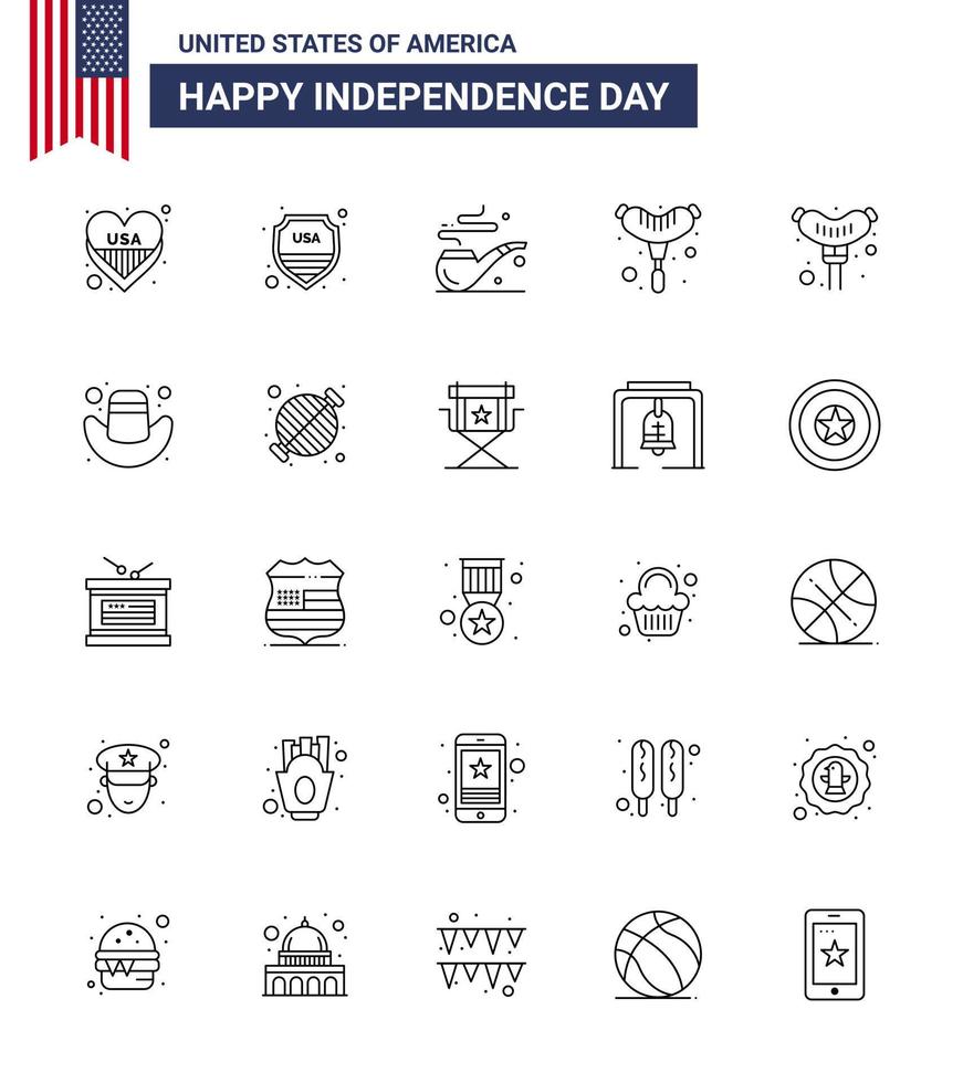 25 USA Line Pack of Independence Day Signs and Symbols of food cap pipe american frankfurter Editable USA Day Vector Design Elements