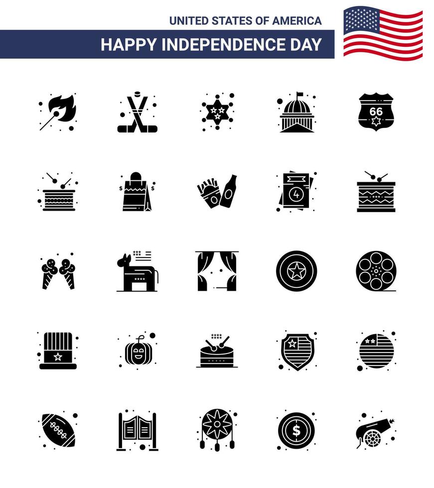 Pack of 25 USA Independence Day Celebration Solid Glyph Signs and 4th July Symbols such as white landmark america house star Editable USA Day Vector Design Elements