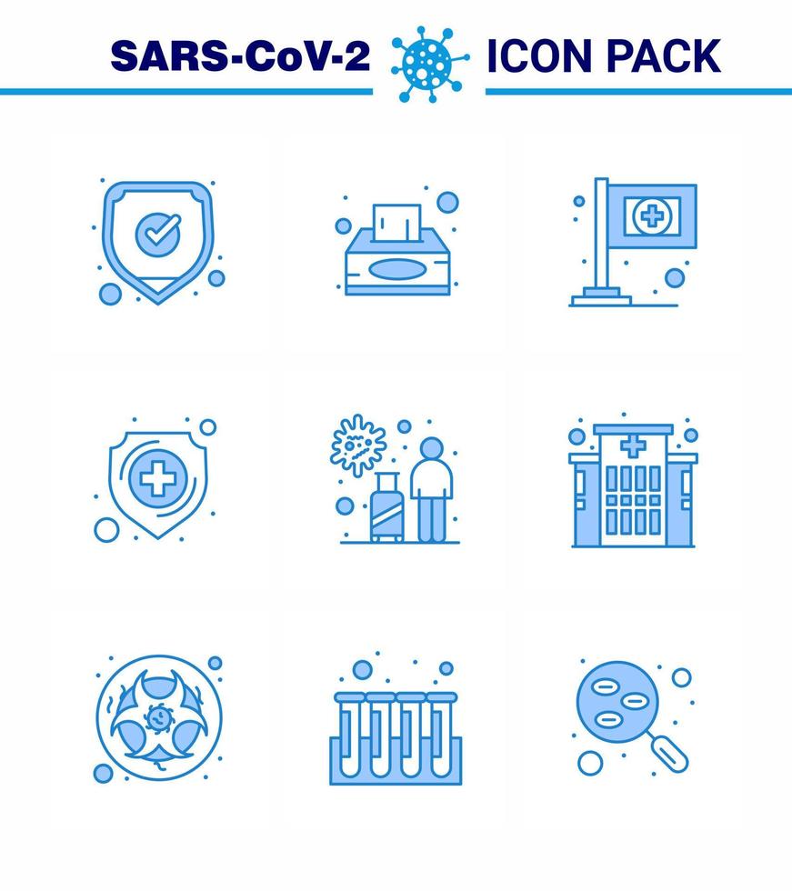 conjunto de iconos covid19 para el paquete azul infográfico 9, como el escudo de asistencia para infecciones de transmisión, el coronavirus viral 2019nov elementos de diseño de vectores de enfermedades