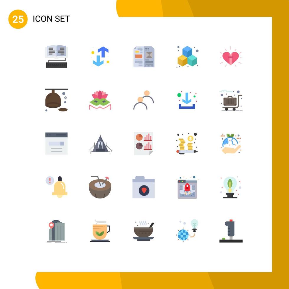 Editable Vector Line Pack of 25 Simple Flat Colors of heart cube up box layout Editable Vector Design Elements