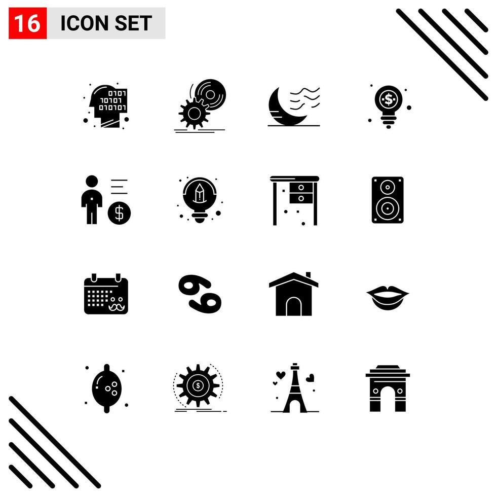 Universal Icon Symbols Group of 16 Modern Solid Glyphs of shopping dollar dvd bulb sleep Editable Vector Design Elements