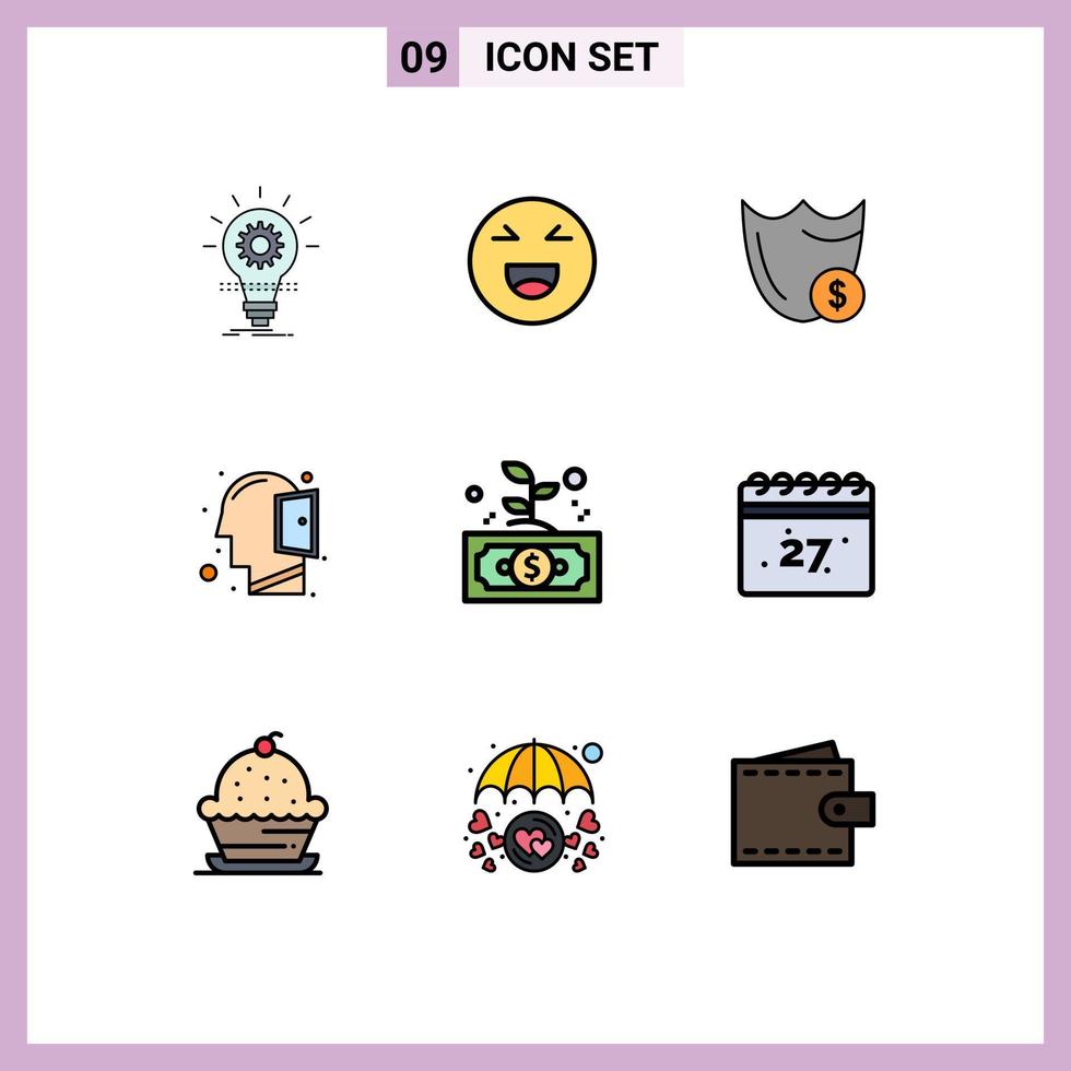 Modern Set of 9 Filledline Flat Colors Pictograph of open mind head happy dollar secure Editable Vector Design Elements