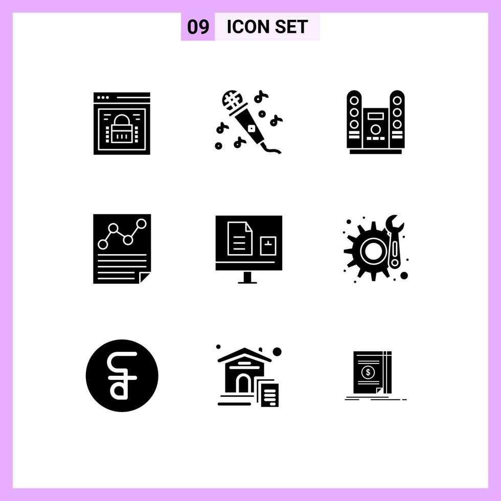 Set of 9 Commercial Solid Glyphs pack for e page cinema letter data Editable Vector Design Elements