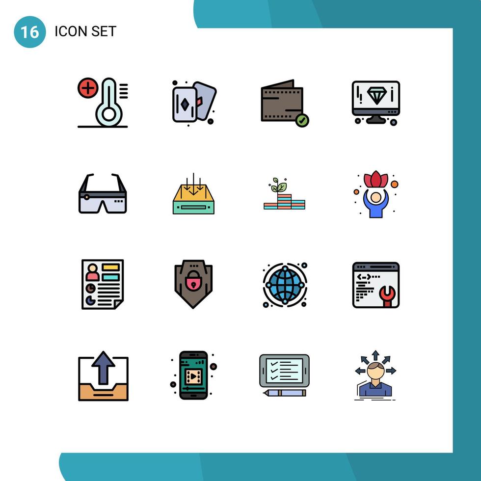 Pack of 16 Modern Flat Color Filled Lines Signs and Symbols for Web Print Media such as glasses computing e computer computer Editable Creative Vector Design Elements