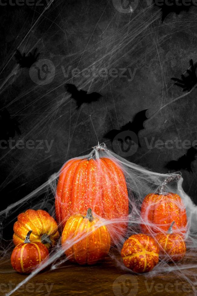 Closeup of Spider sitting on pumkin covered in web. Spooky Halloween background.Vertical banner photo