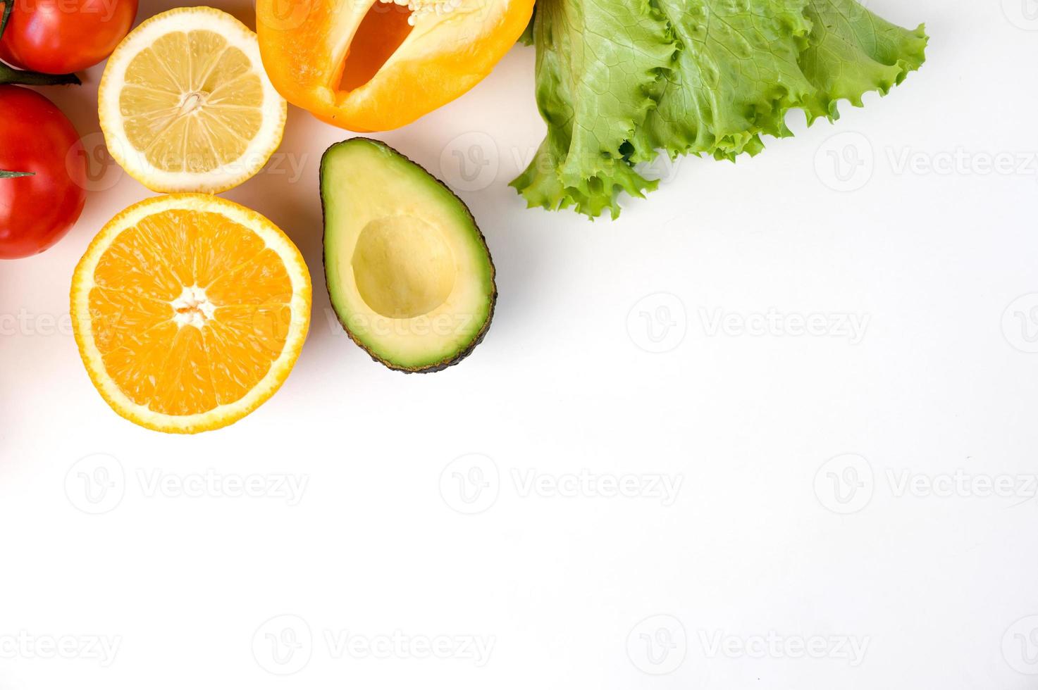 Banner with vegetables and friut against white background.Place for text.Flatlay photo
