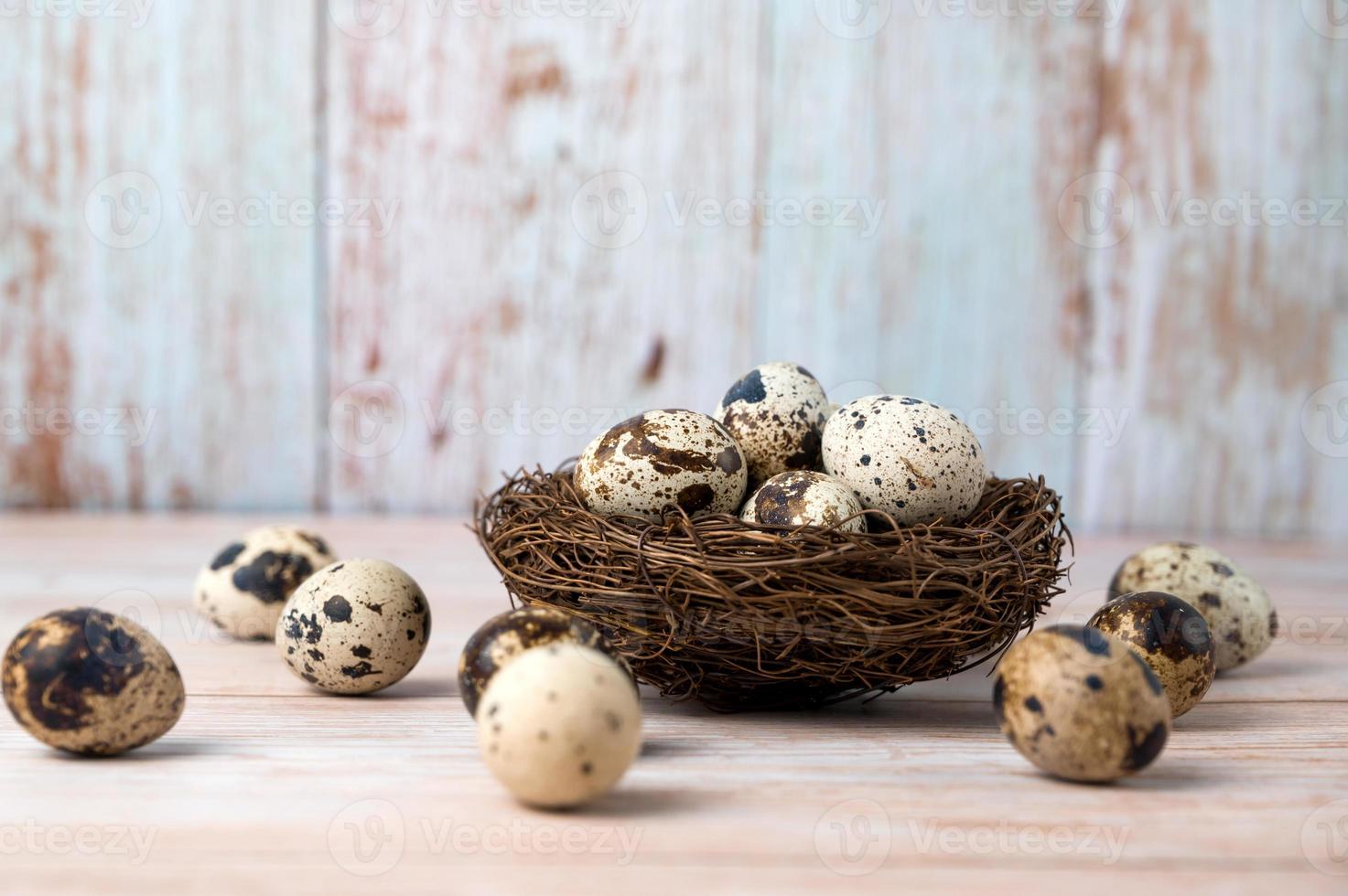 Fresh quail eggs. Rustic style on wood background. Easter banner with place for text photo