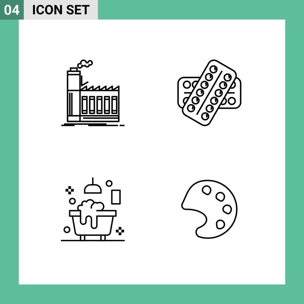 4 User Interface Line Pack of modern Signs and Symbols of factory patient manufacturing pill bathroom Editable Vector Design Elements