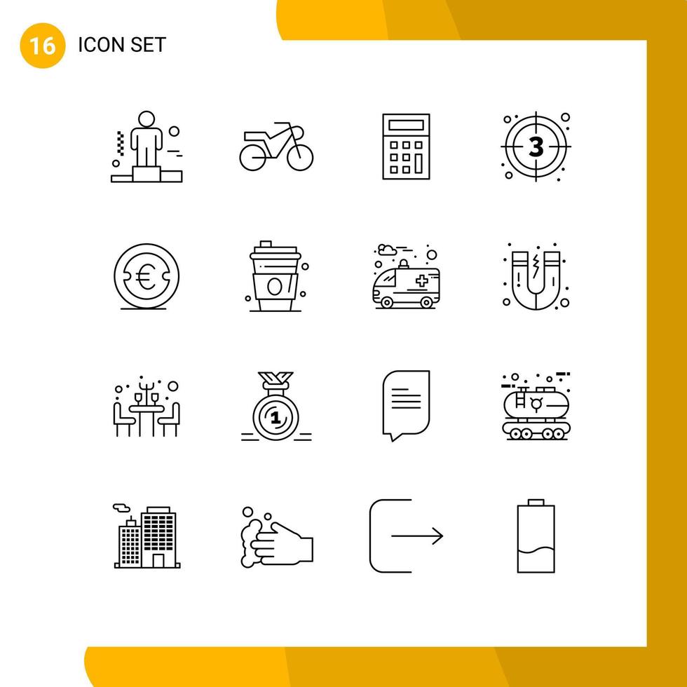 Pack of 16 Modern Outlines Signs and Symbols for Web Print Media such as investment euro math coin start Editable Vector Design Elements