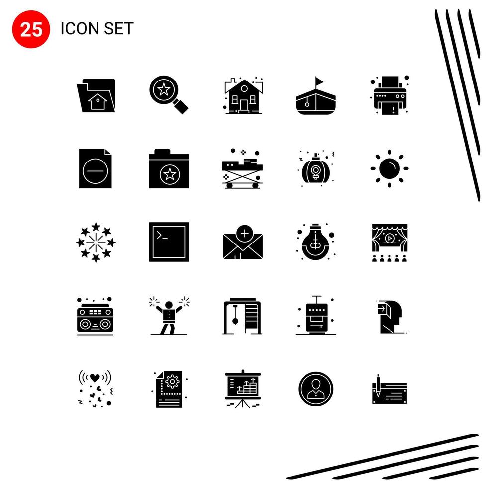 25 Universal Solid Glyphs Set for Web and Mobile Applications printer device home transportation boat Editable Vector Design Elements