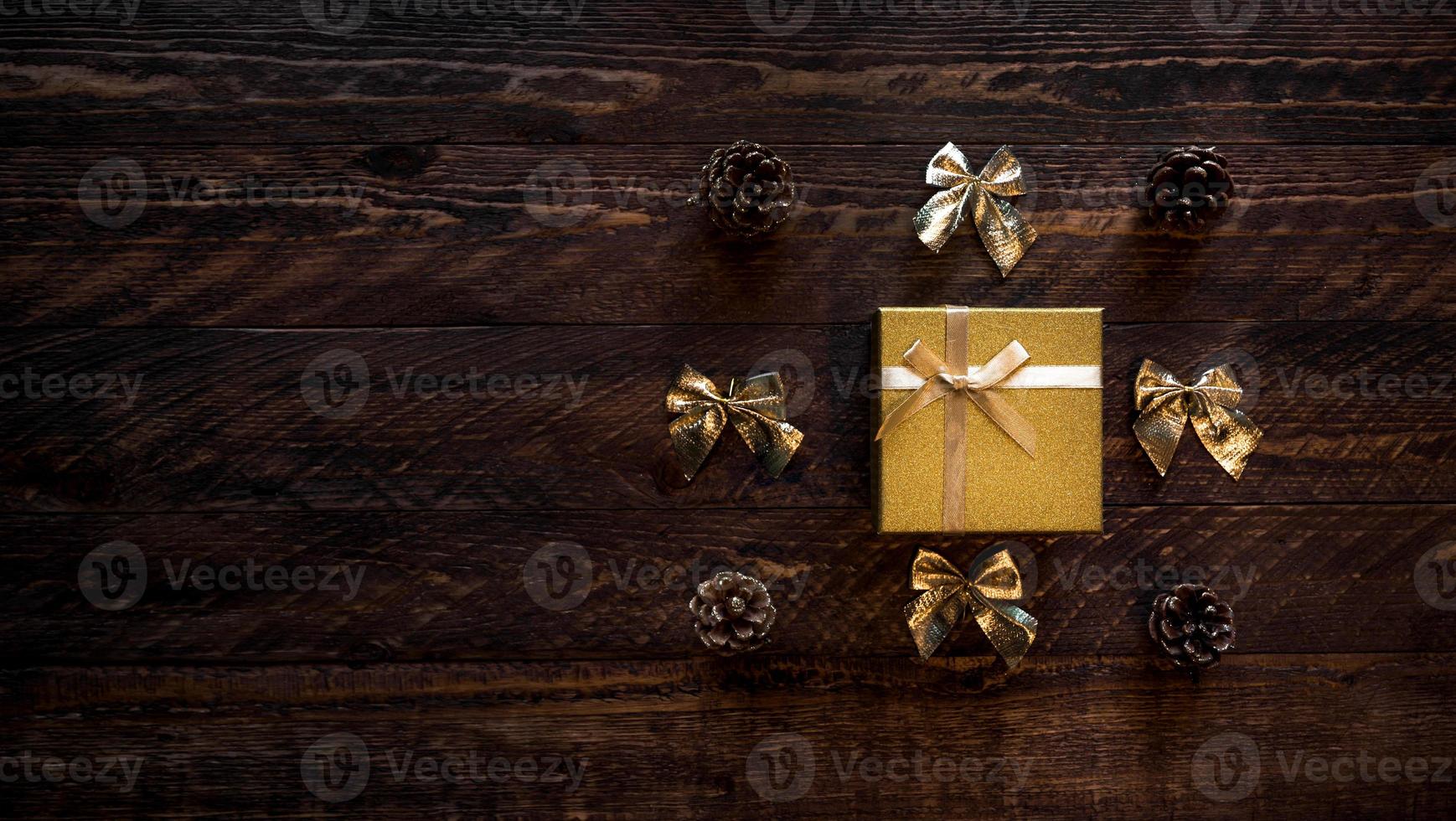 New year flat lay banner with place for text. Decorations around present box.Copy space photo