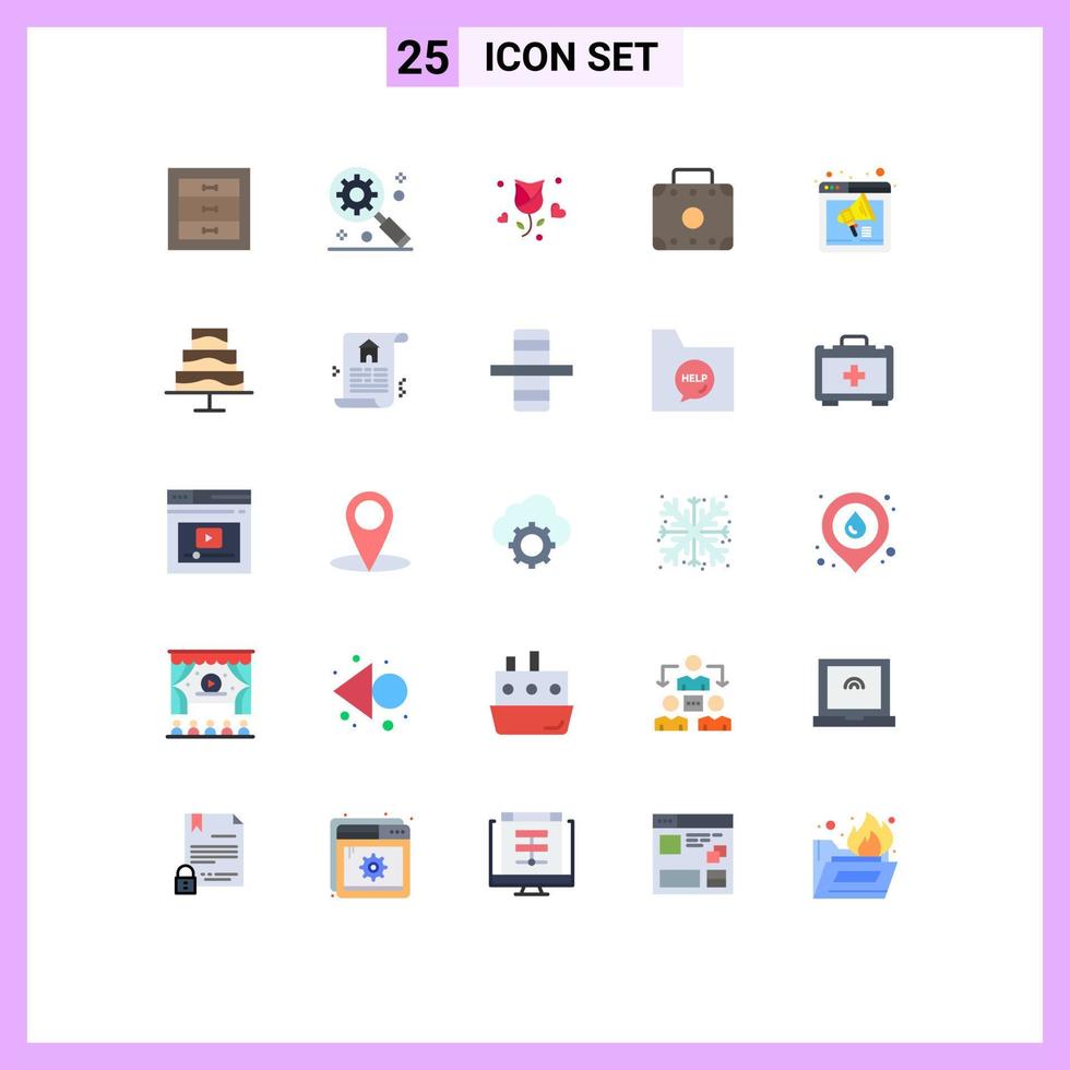 Pack of 25 Modern Flat Colors Signs and Symbols for Web Print Media such as sound browser flower suitcase briefcase Editable Vector Design Elements