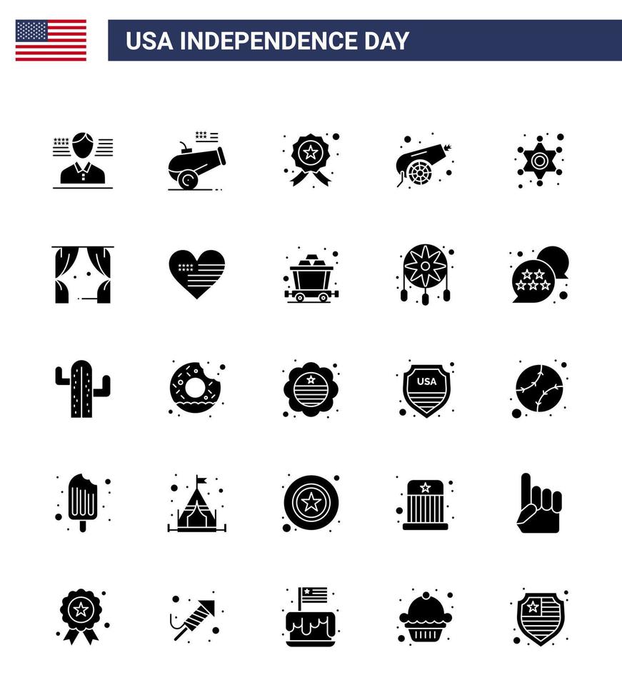 25 USA Solid Glyph Signs Independence Day Celebration Symbols of star men investigating weapon canon Editable USA Day Vector Design Elements