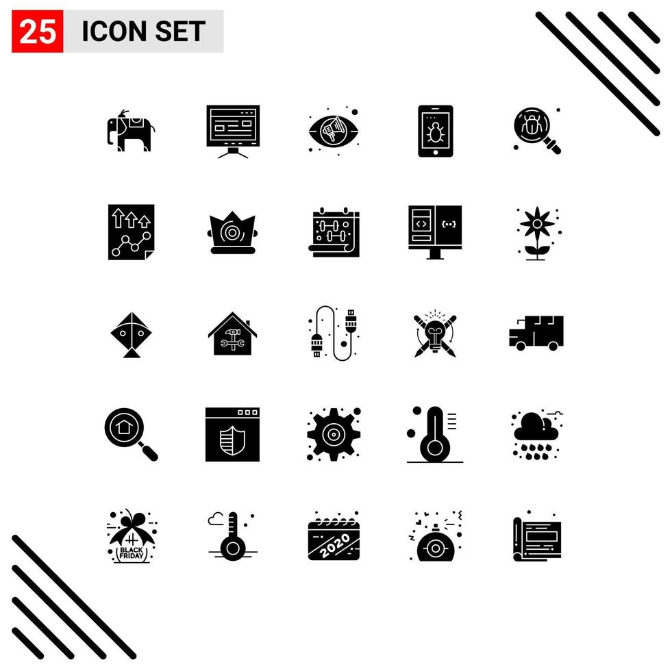 Modern Set of 25 Solid Glyphs and symbols such as data insect views find antivirus Editable Vector Design Elements