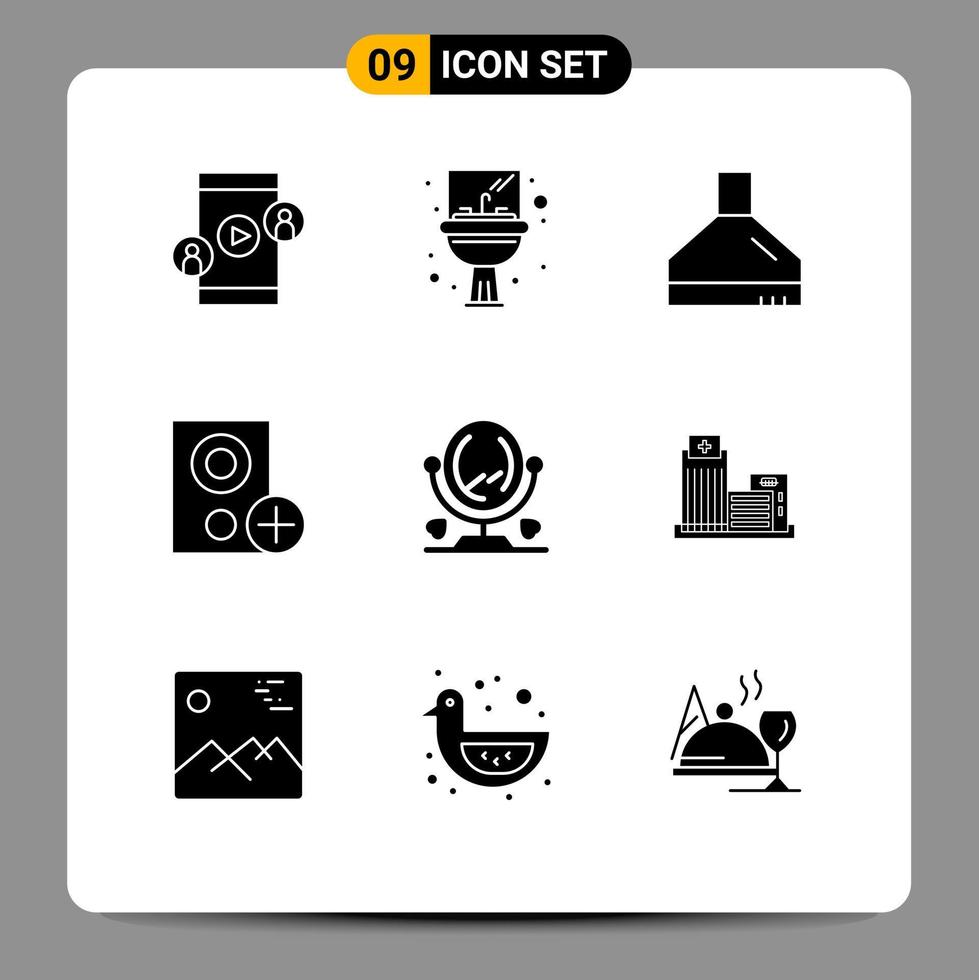 Pack of 9 Modern Solid Glyphs Signs and Symbols for Web Print Media such as furniture add extractor hardware devices Editable Vector Design Elements