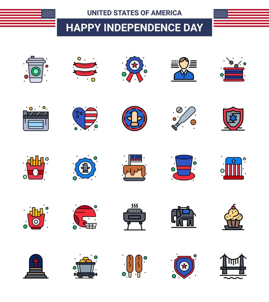 Stock Vector Icon Pack of American Day 25 Flat Filled Line Signs and Symbols for independence holiday star drum flag Editable USA Day Vector Design Elements