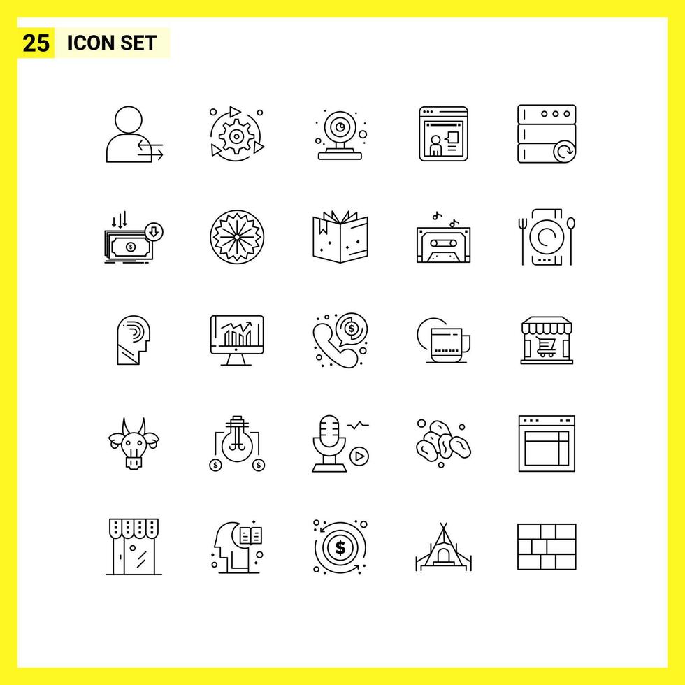 Mobile Interface Line Set of 25 Pictograms of database discussion options online video camera Editable Vector Design Elements