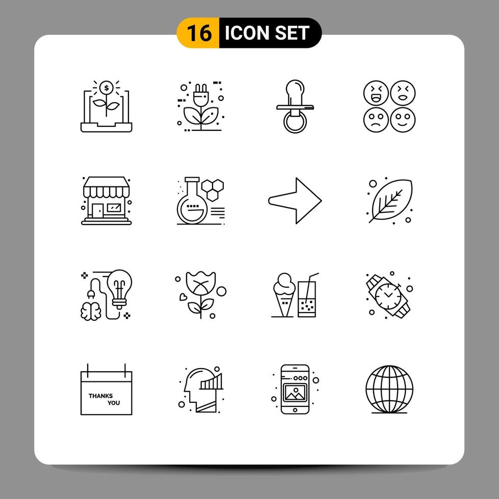 Group of 16 Modern Outlines Set for sad emojis ecology kids dummy Editable Vector Design Elements