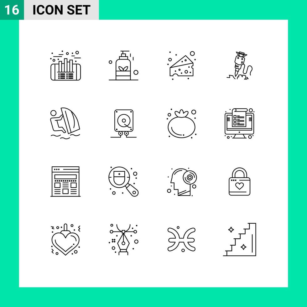 Stock Vector Icon Pack of 16 Line Signs and Symbols for surfer repair yoga construction drill Editable Vector Design Elements