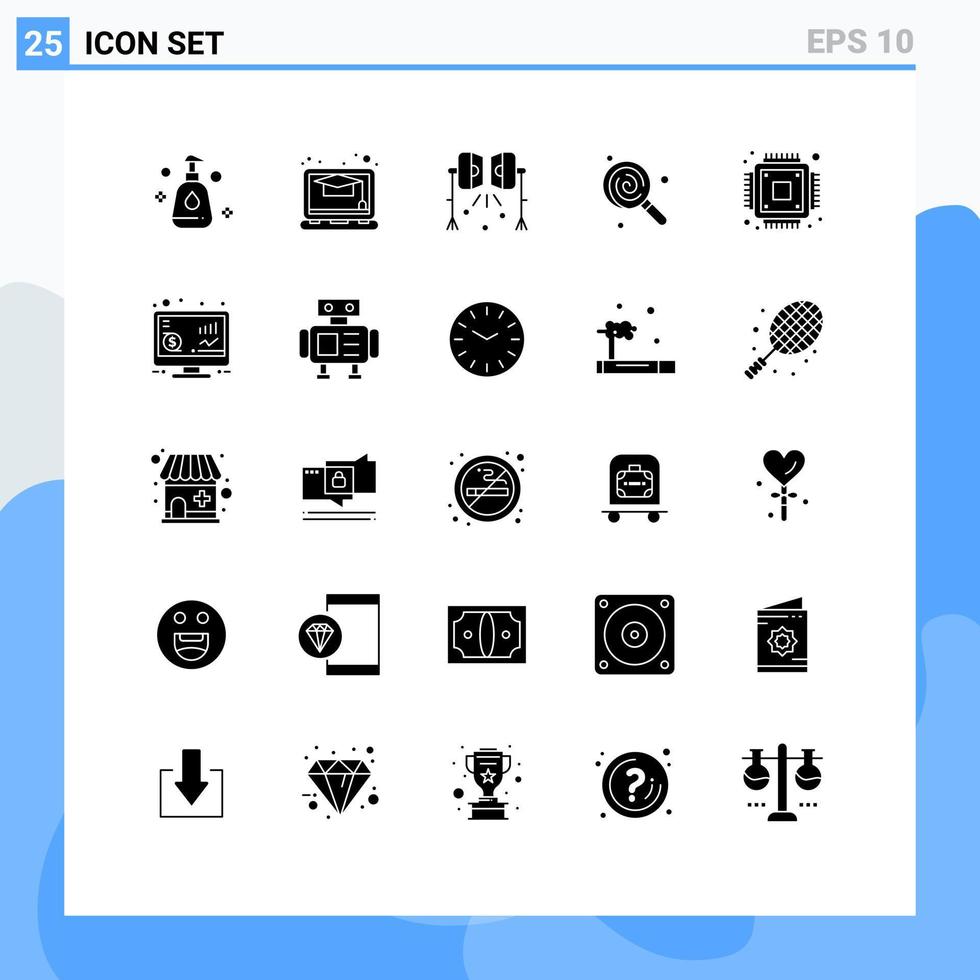 Editable Vector Line Pack of 25 Simple Solid Glyphs of microchip chip spotlight sweets food Editable Vector Design Elements