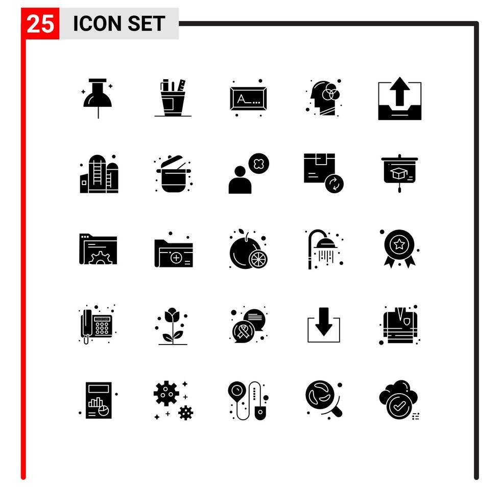 conjunto de glifos sólidos de interfaz móvil de 25 pictogramas de elementos de diseño de vector editables de imagen de mente humana de suministro de innovación de gabinete