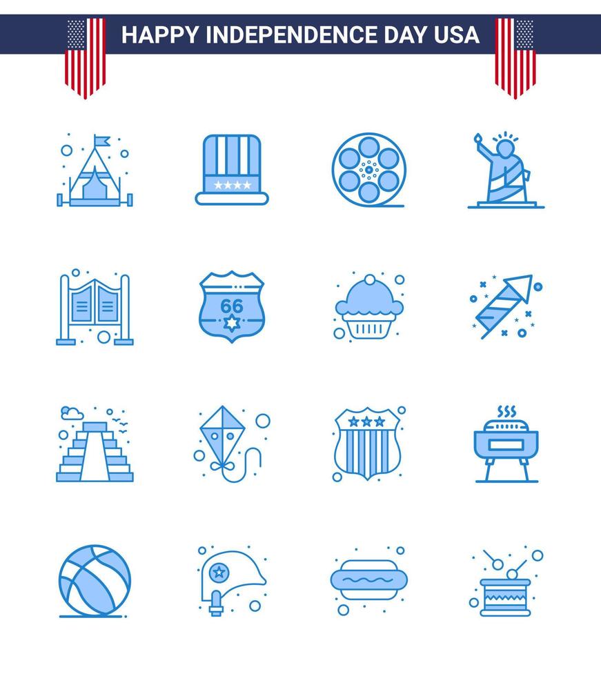 conjunto moderno de 16 azules y símbolos en el día de la independencia de EE. UU., como los elementos domésticos de diseño vectorial del día de EE. UU. vector